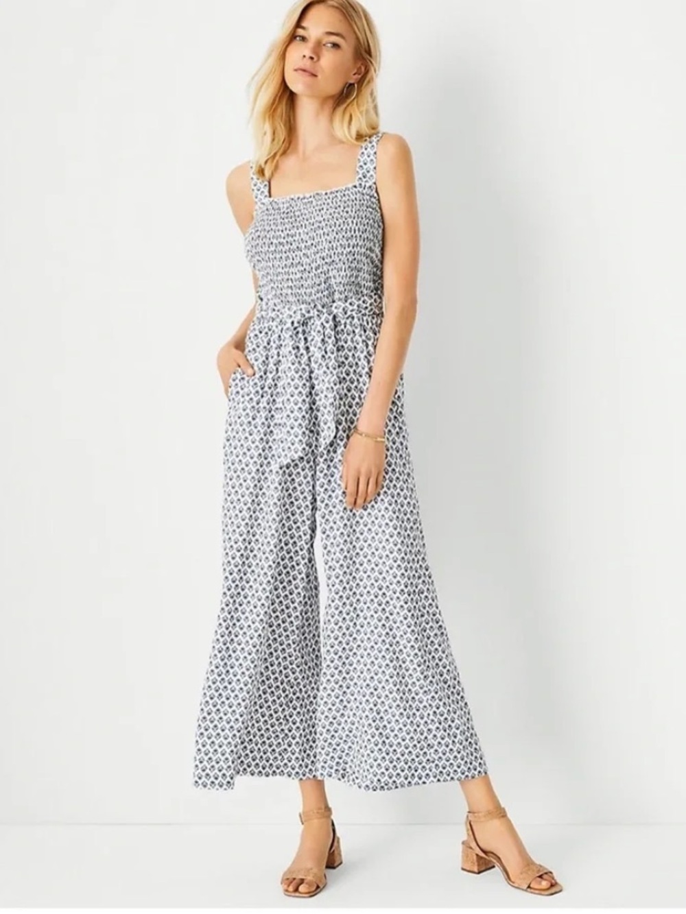 Ann Taylor Navy & White Printed Smocked Wide-Leg Jumpsuit